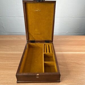 Vintage Jewelry Box S.Sper Bijou Wooden Leather Top Ornate Metal Crest Japan